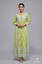 naira cut gown style chikankari kurti top with elegant embroidery lime green