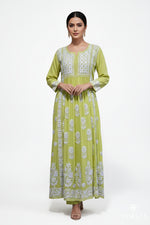 naira cut gown style chikankari kurti top with elegant embroidery lime green
