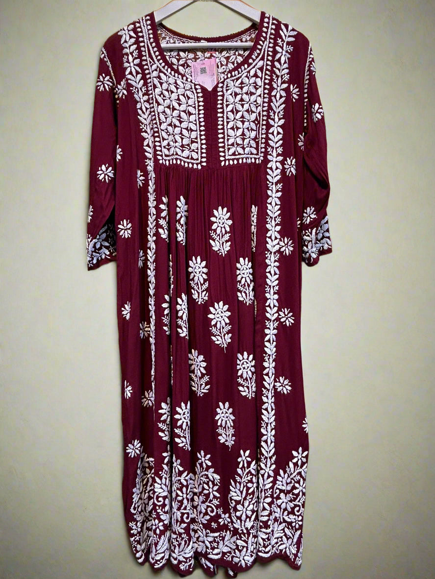 naira cut gown style chikankari kurtitop with elegant embroidery maroon