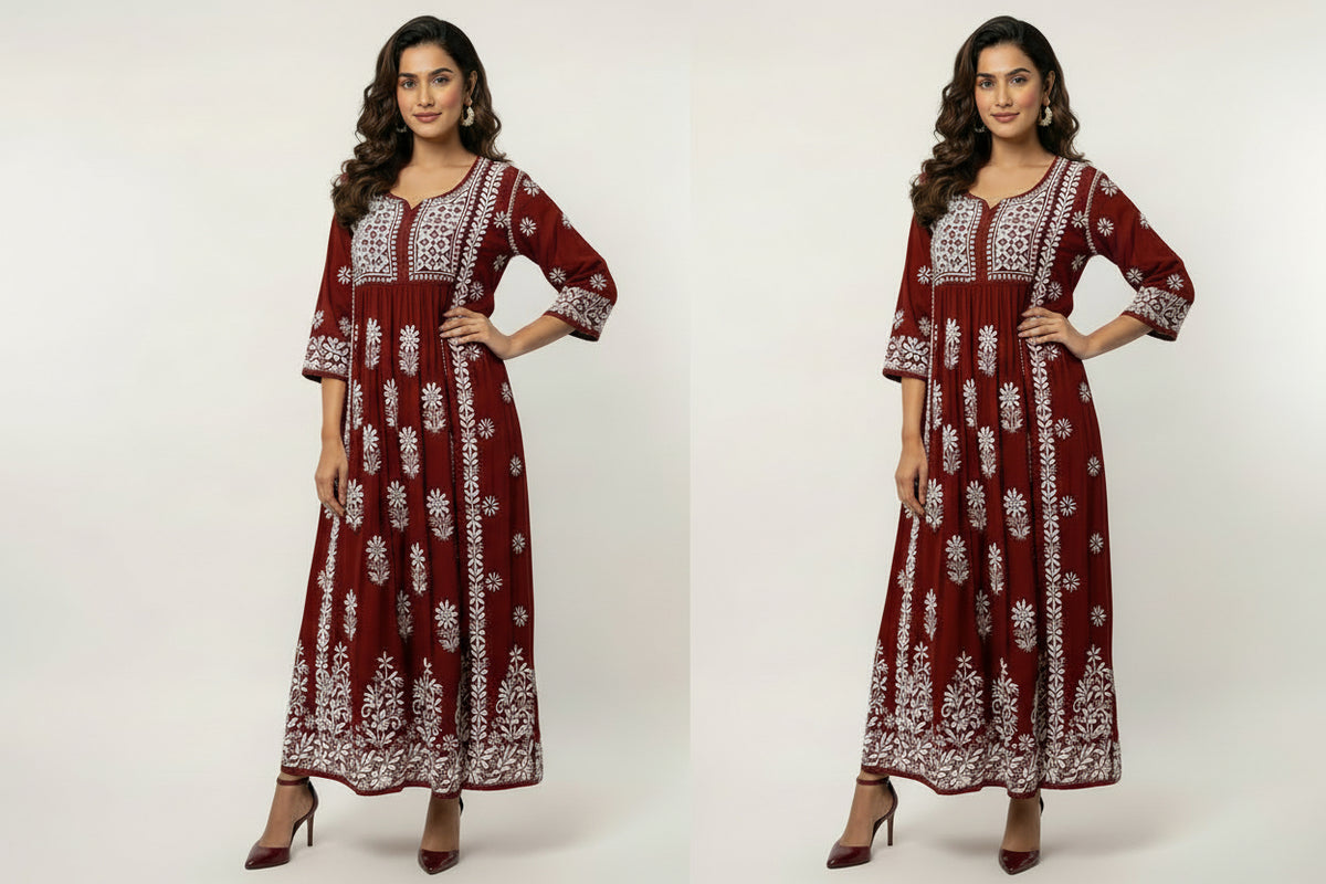 naira cut gown style chikankari kurtitop with elegant embroidery maroon