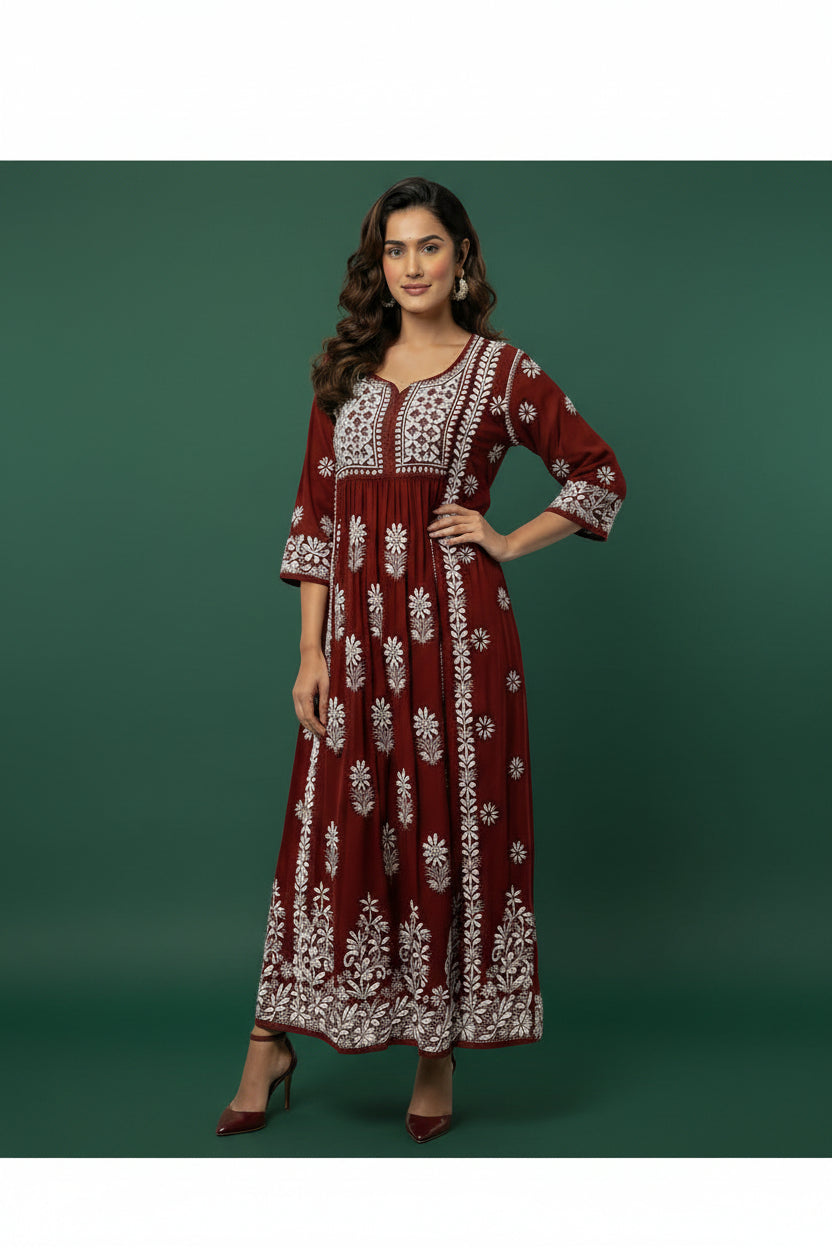 naira cut gown style chikankari kurtitop with elegant embroidery maroon
