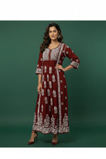 naira cut gown style chikankari kurtitop with elegant embroidery maroon
