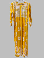 naira cut gown style chikankari kurti top with elegant embroidery mustard