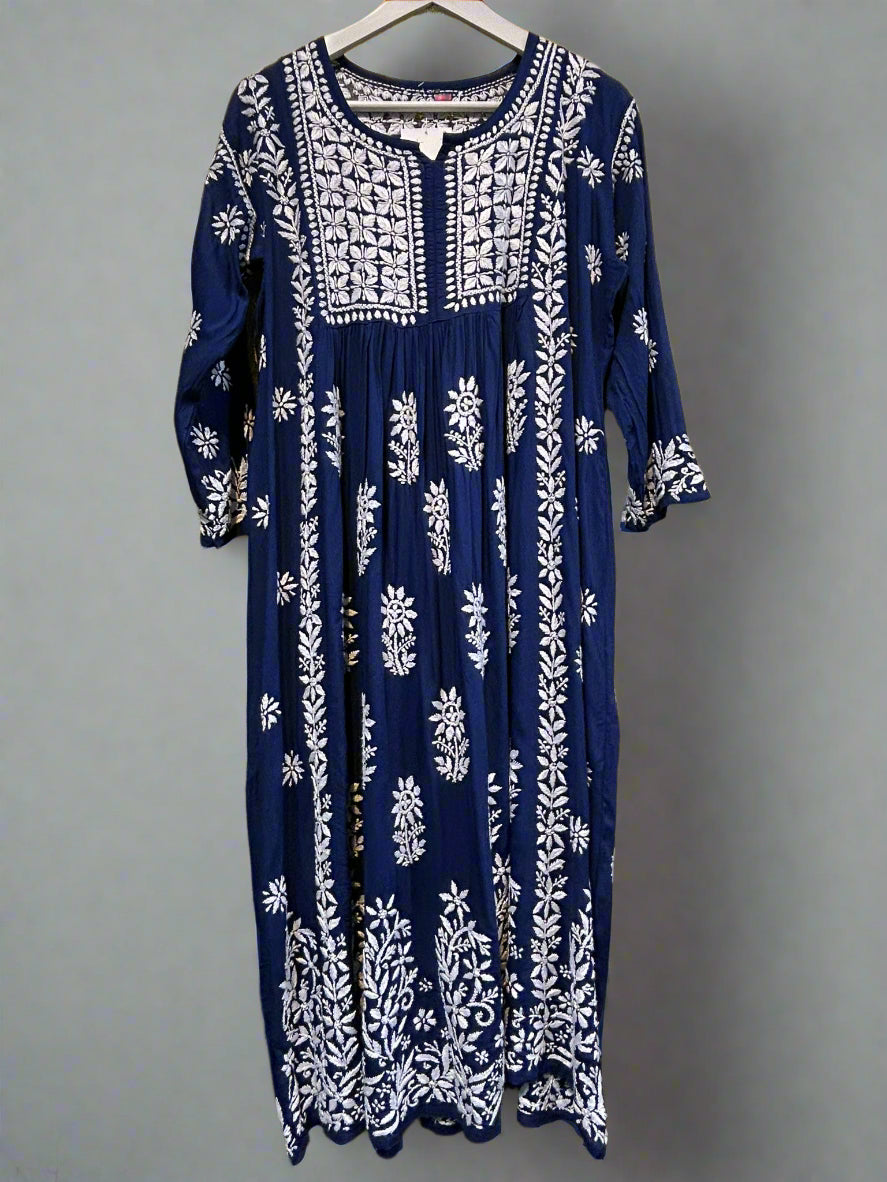 naira cut gown style chikankari kurtitop with elegant embroidery navy blue