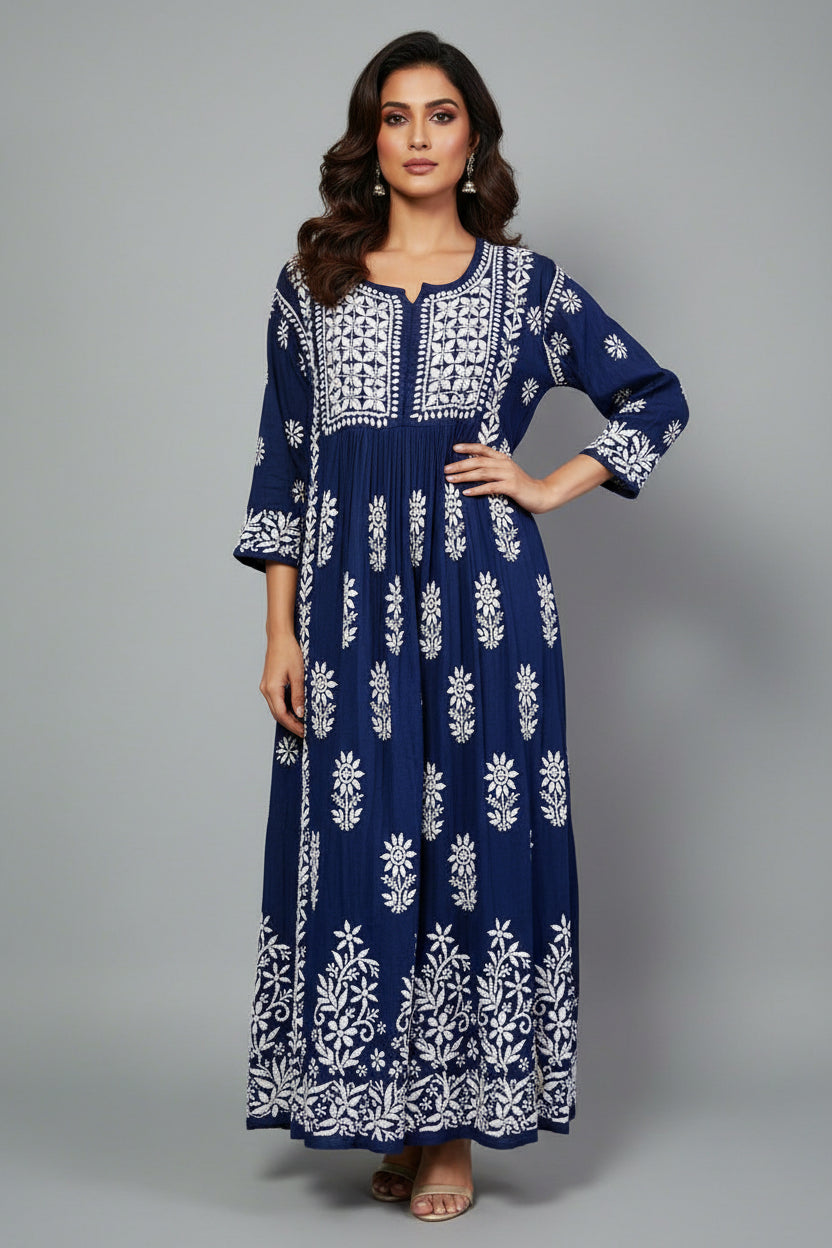 naira cut gown style chikankari kurtitop with elegant embroidery navy blue