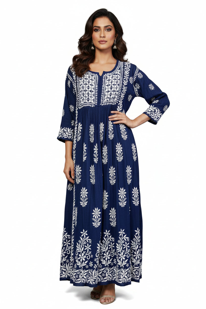 naira cut gown style chikankari kurtitop with elegant embroidery navy blue