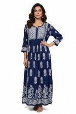 naira cut gown style chikankari kurtitop with elegant embroidery navy blue