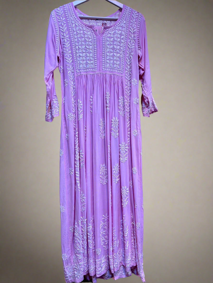 naira cut gown style chikankari kurti top with elegant embroidery pink