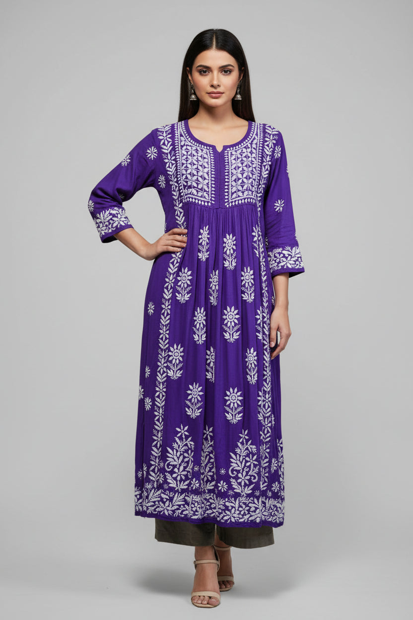 naira cut gown style chikankari kurtitop with elegant embroidery purple