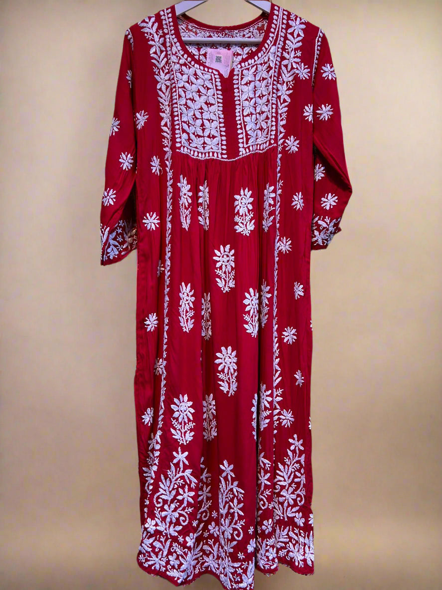naira cut gown style chikankari kurtitop with elegant embroidery red