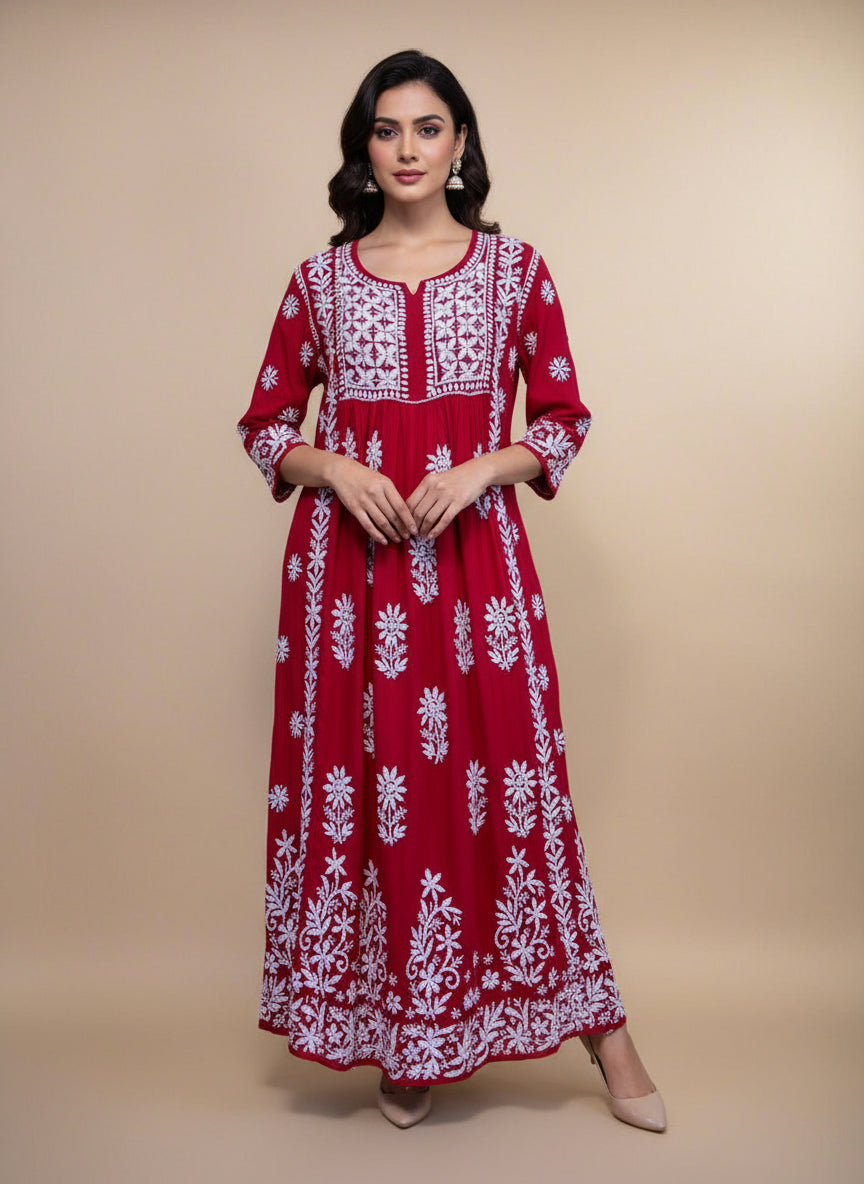 naira gown long dress chikankari kurtitop with elegant embroidery red
