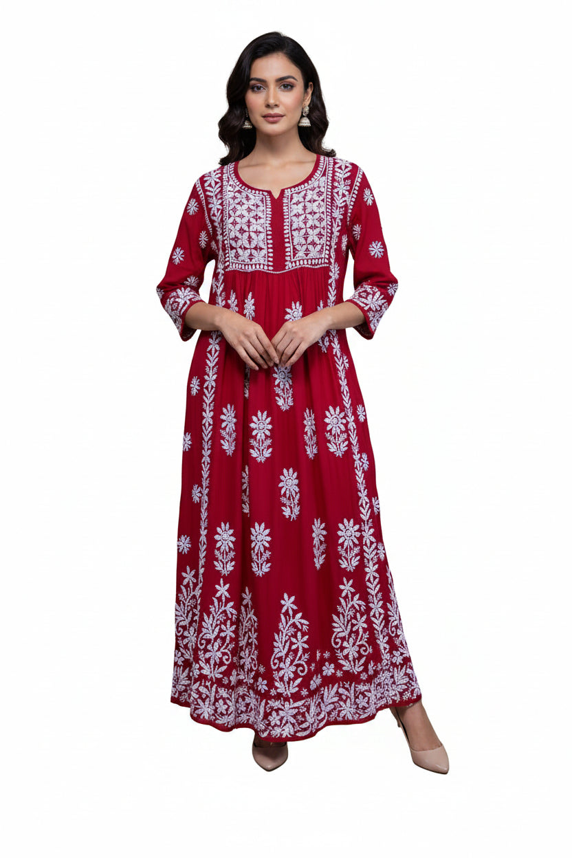 naira gown long dress chikankari kurtitop with elegant embroidery red