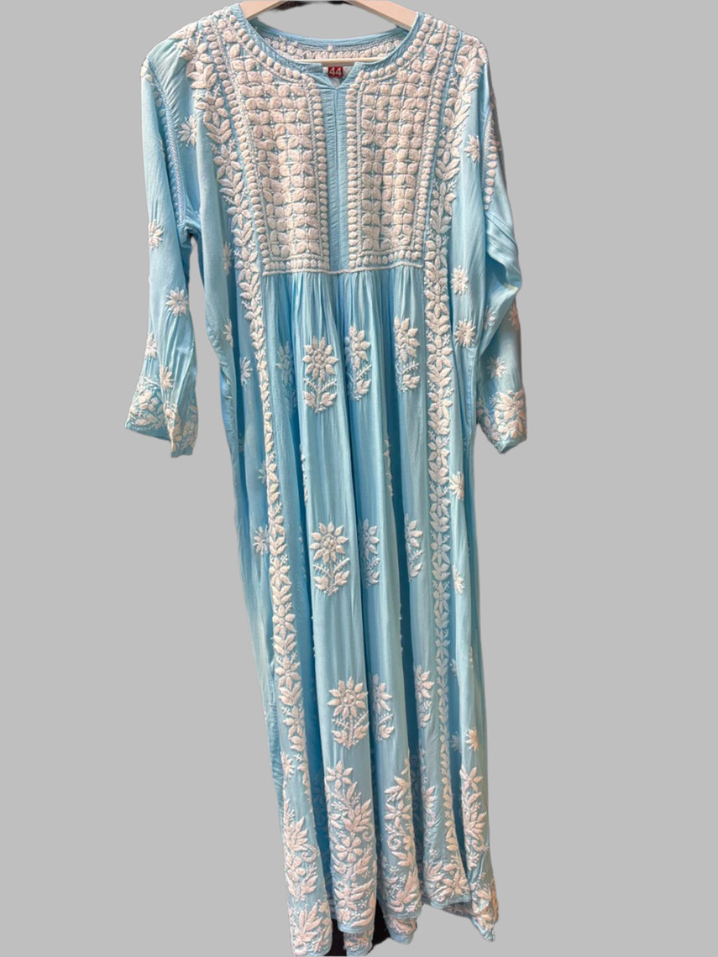 naira cut gown style chikankari kurti top with elegant embroidery sky blue