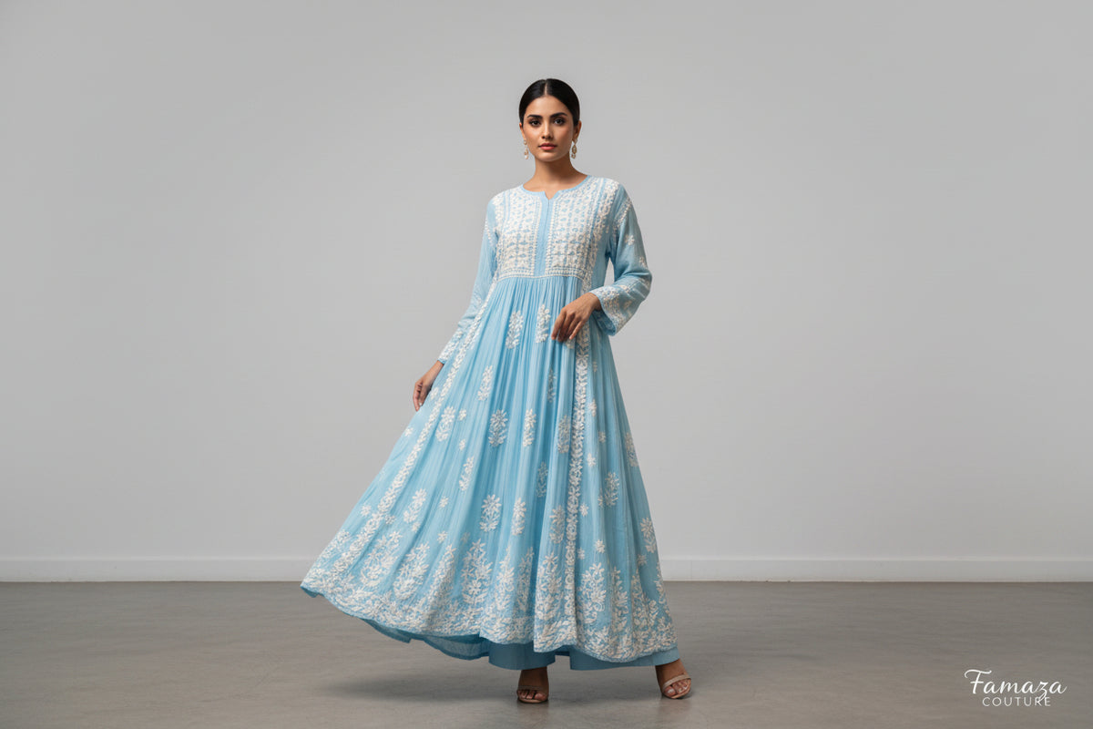 naira cut gown style chikankari kurti top with elegant embroidery sky blue
