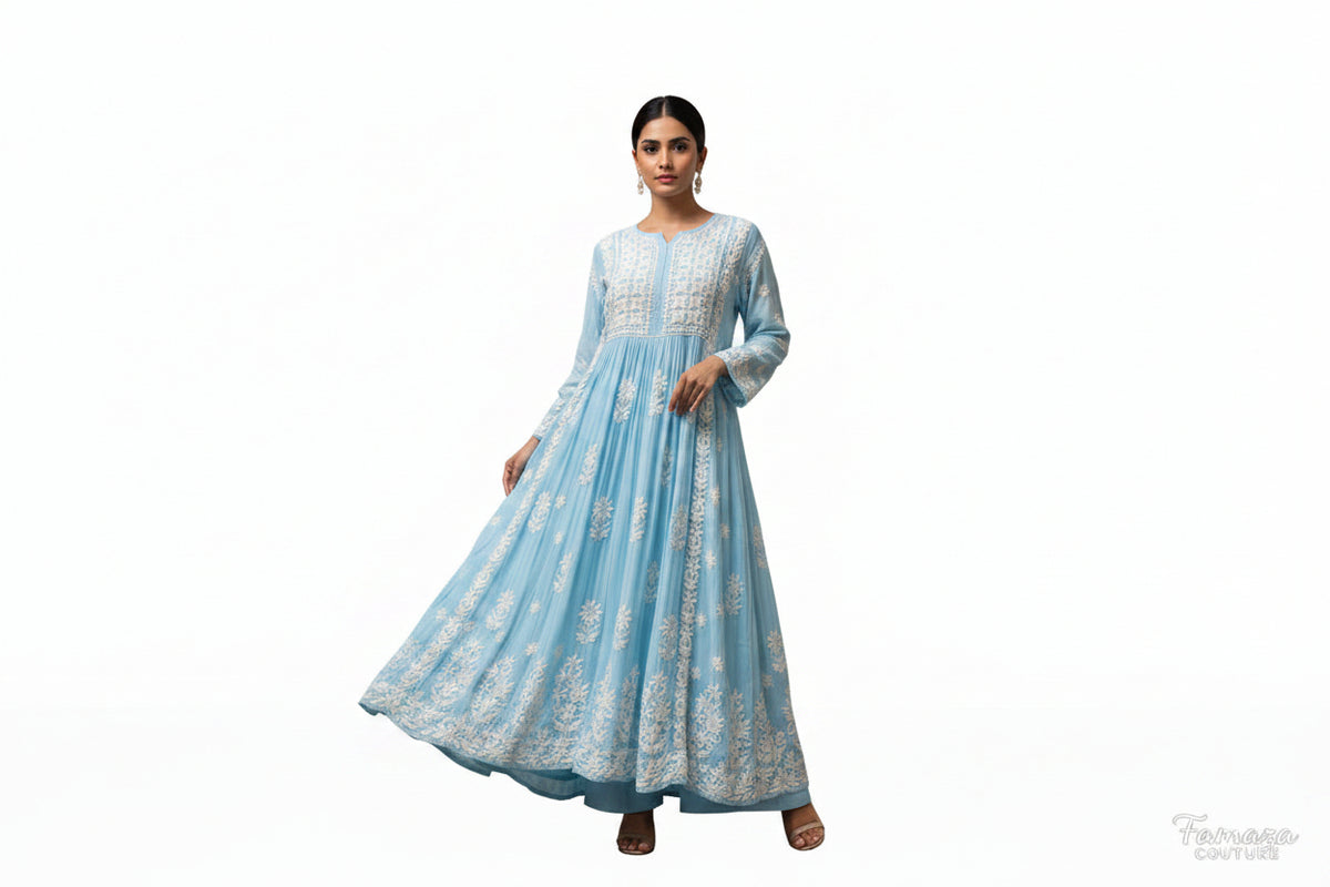 naira cut gown style chikankari kurti top with elegant embroidery sky blue