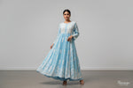 naira cut gown style chikankari kurti top with elegant embroidery sky blue