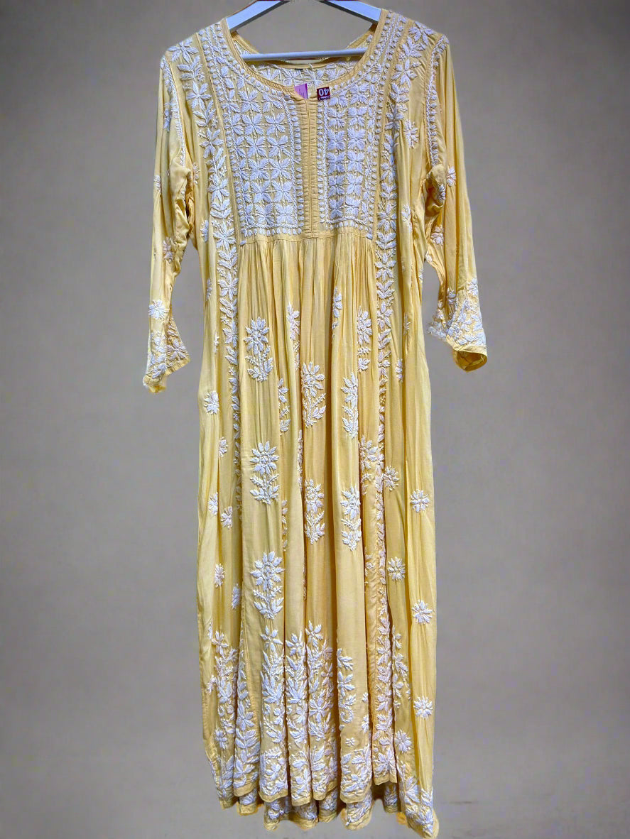 naira cut gown style chikankari kurtitop with elegant embroidery yellow