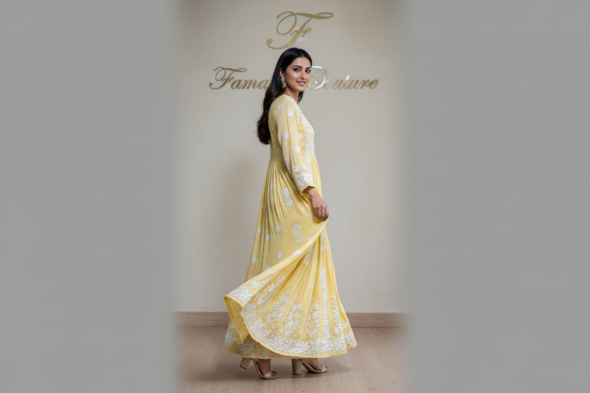 naira cut gown style chikankari kurtitop with elegant embroidery yellow