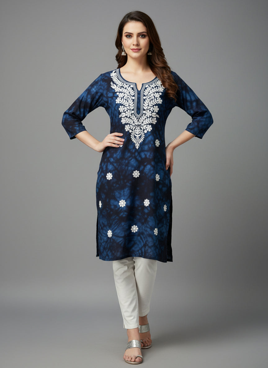 navy blue colourtie-dye machine embroidery short kurti by famaza couture