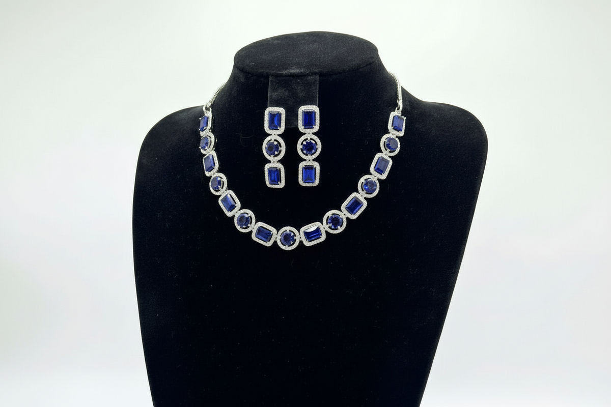 navy blue gemstones with silver plating choker necklace and matching dangling earrings