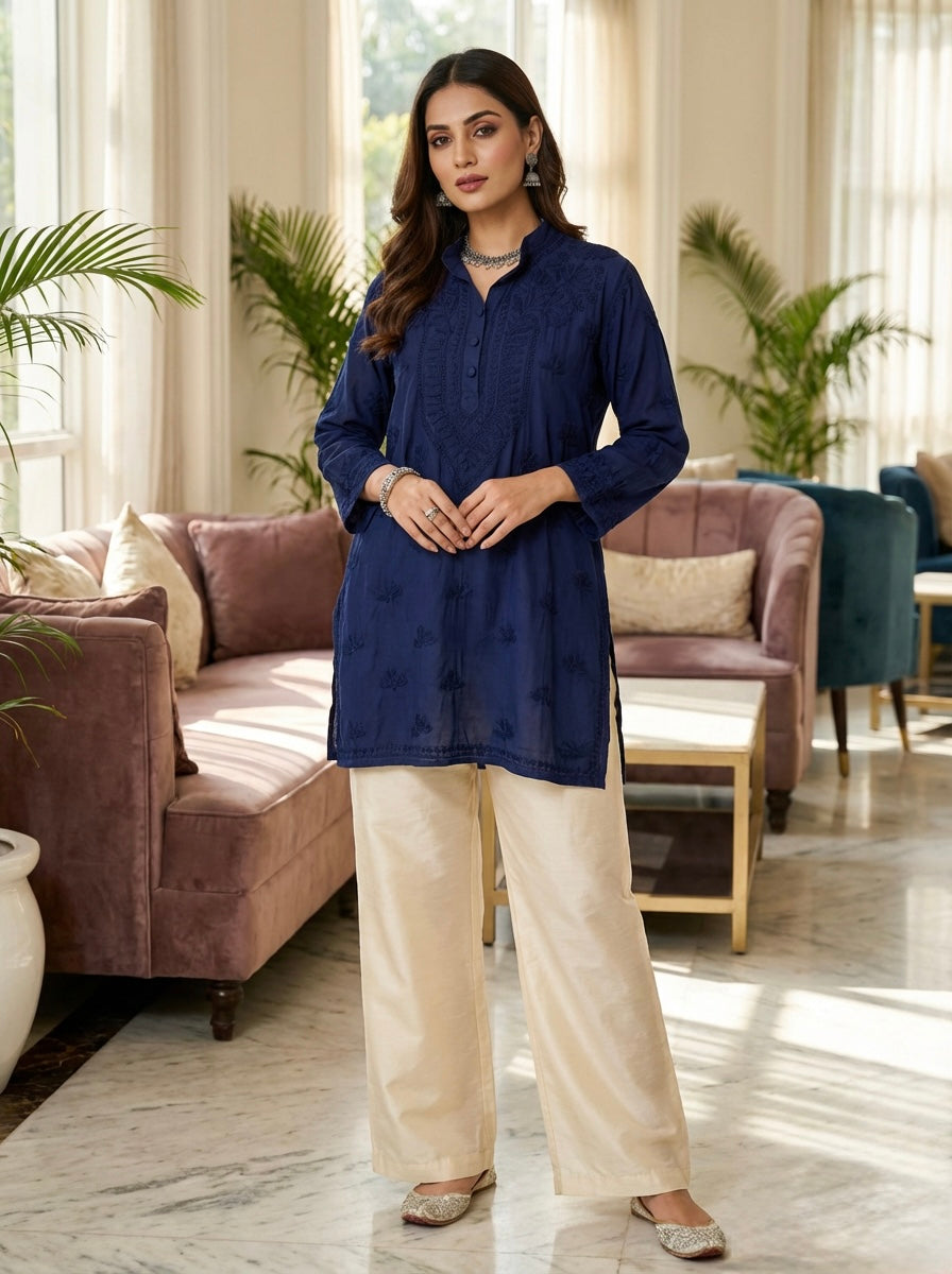 navy blue short kurti with tone to tone hand embroidery