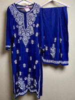 Detail of the kurti and palazzo pants in the plus size Chikankari set