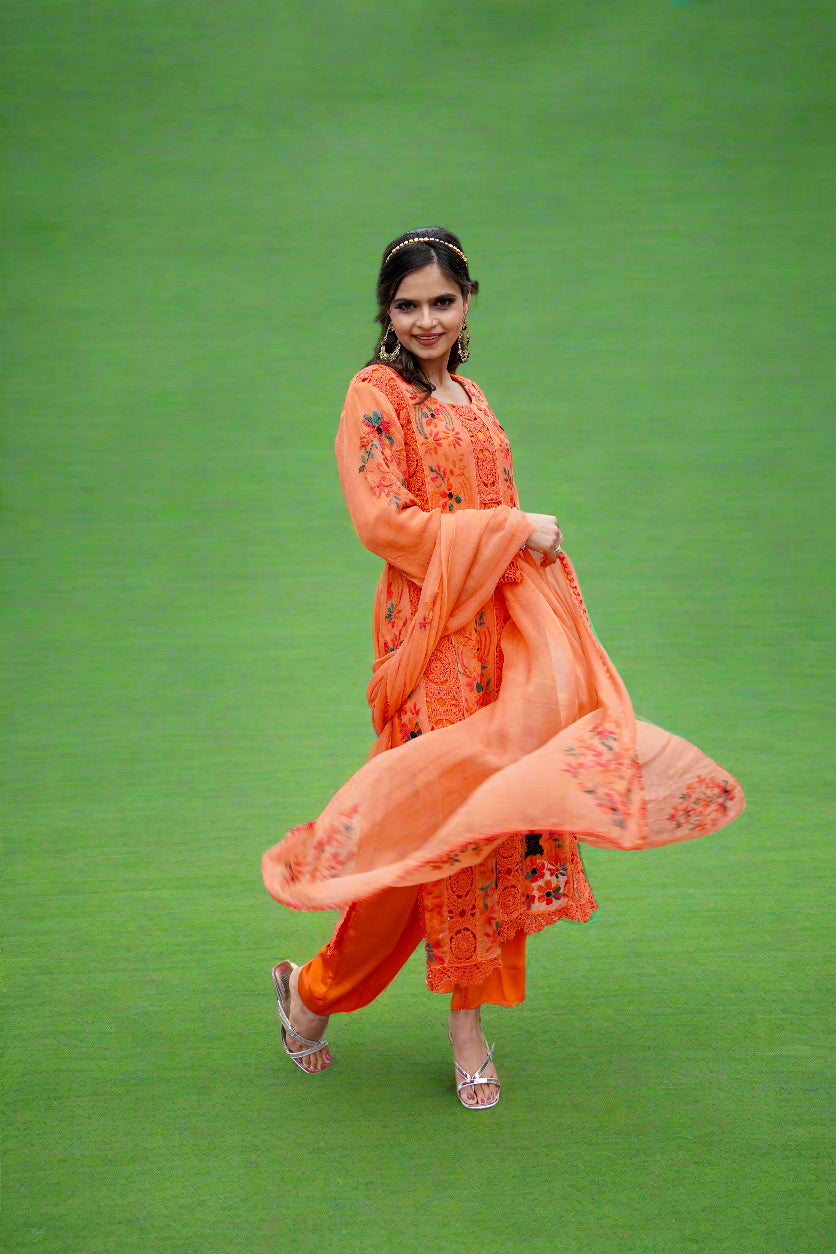 orange floral embroidered Pakistani chiffon suit with dupatta – Famaza Couture