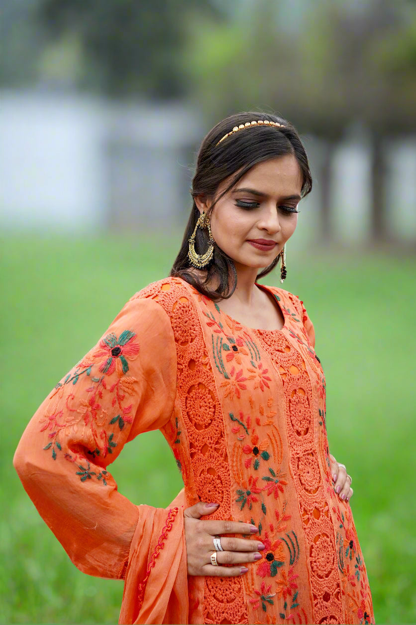 Orange floral embroidered Pakistani suit set chiffon kurta dupatta pants