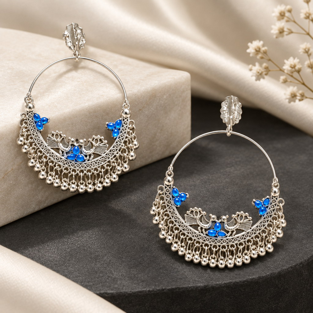 oxidised blue-stone-stones-hoop-earrings