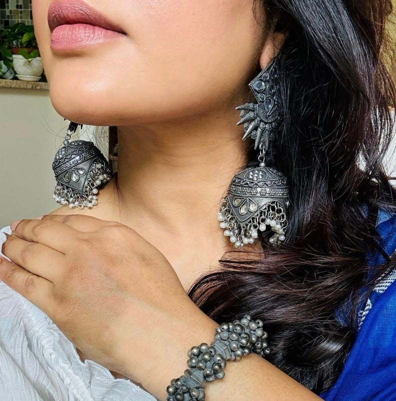 Oxidised jhumka statement earrings handcrafted