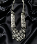 Silver Sonata oxidised peacock long mala necklace with cascading ghungroo fringe on black satin