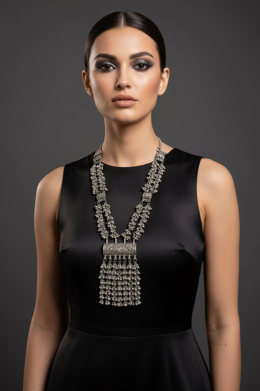 oxidised silver tribal necklace earrings set afghani style”, “close up oxidised silver tribal pendant necklace detail