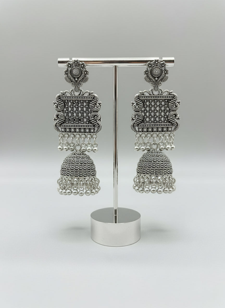 Oxidised silver dangle earrings vintage ethnic motif