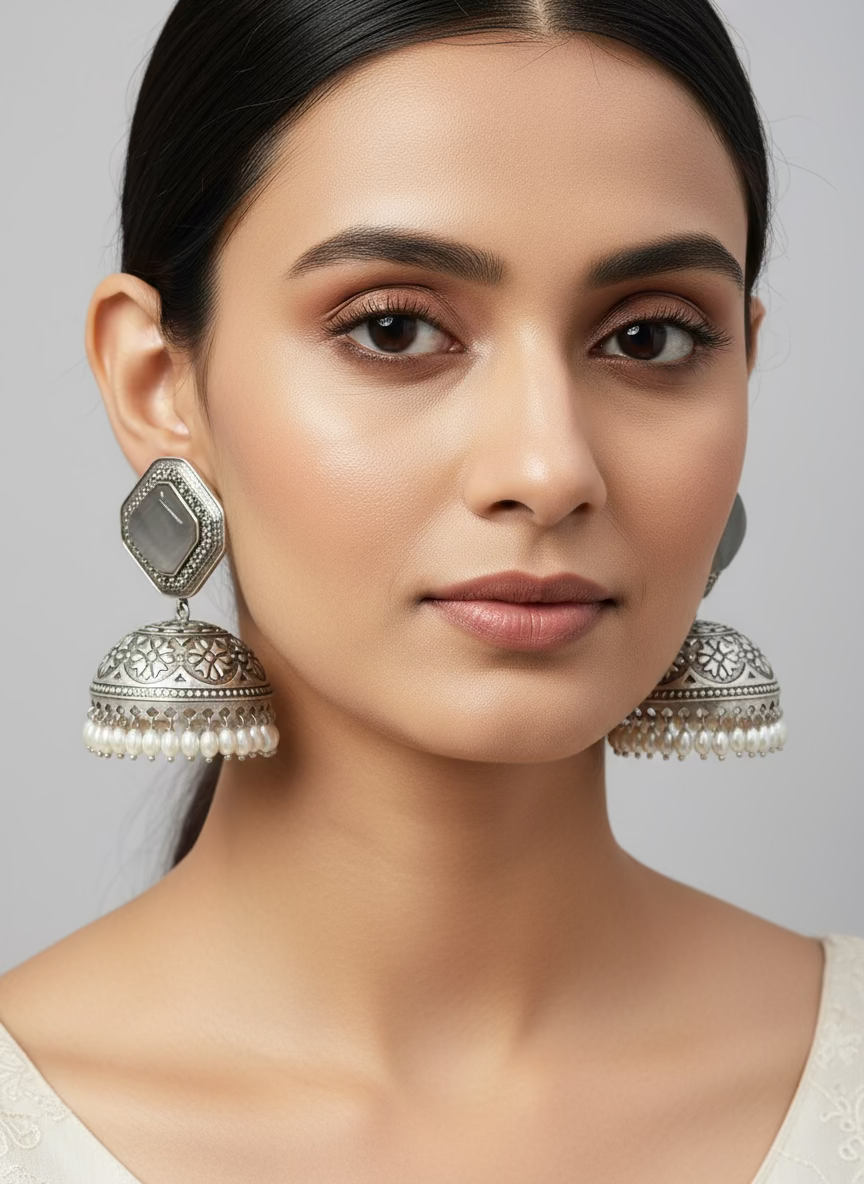 Pair of silver jhumka earrings on a display stand with grey stone