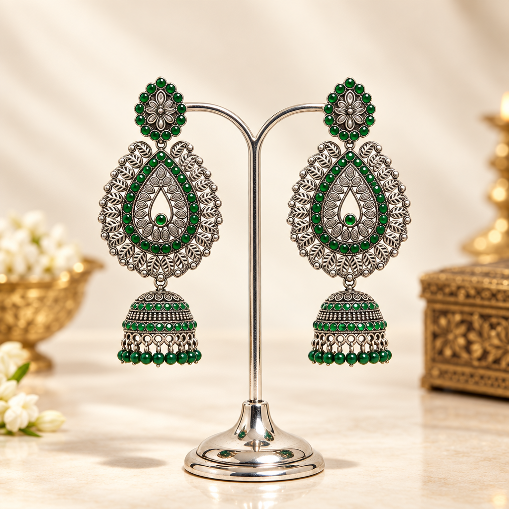 oxidised tone tear drop earrings with bottle green nano stones and hangings are displayed on a silver stand.