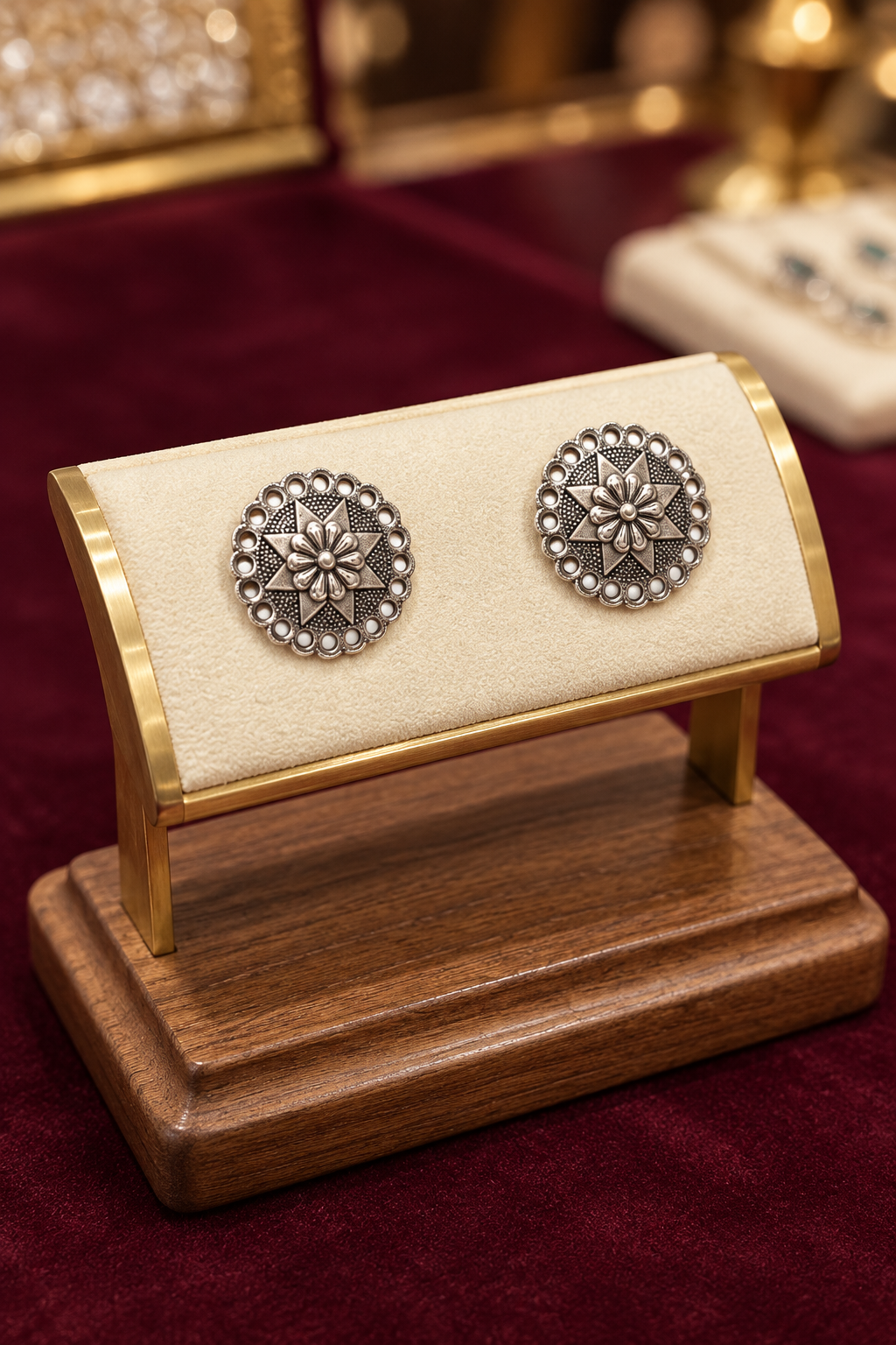 A pair of round silver-toned earrings with intricate floral starburst motifs and small clear stones, displayed on a cream and gold stand atop a wooden base against a dark red velvet background.