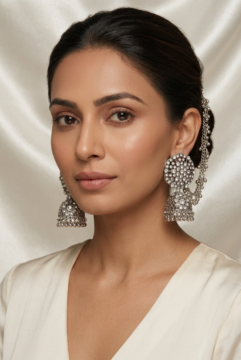 Model wearing Pakeezah Moonlight silver-tone jhumka earrings with Sahara chains attached to her hair.