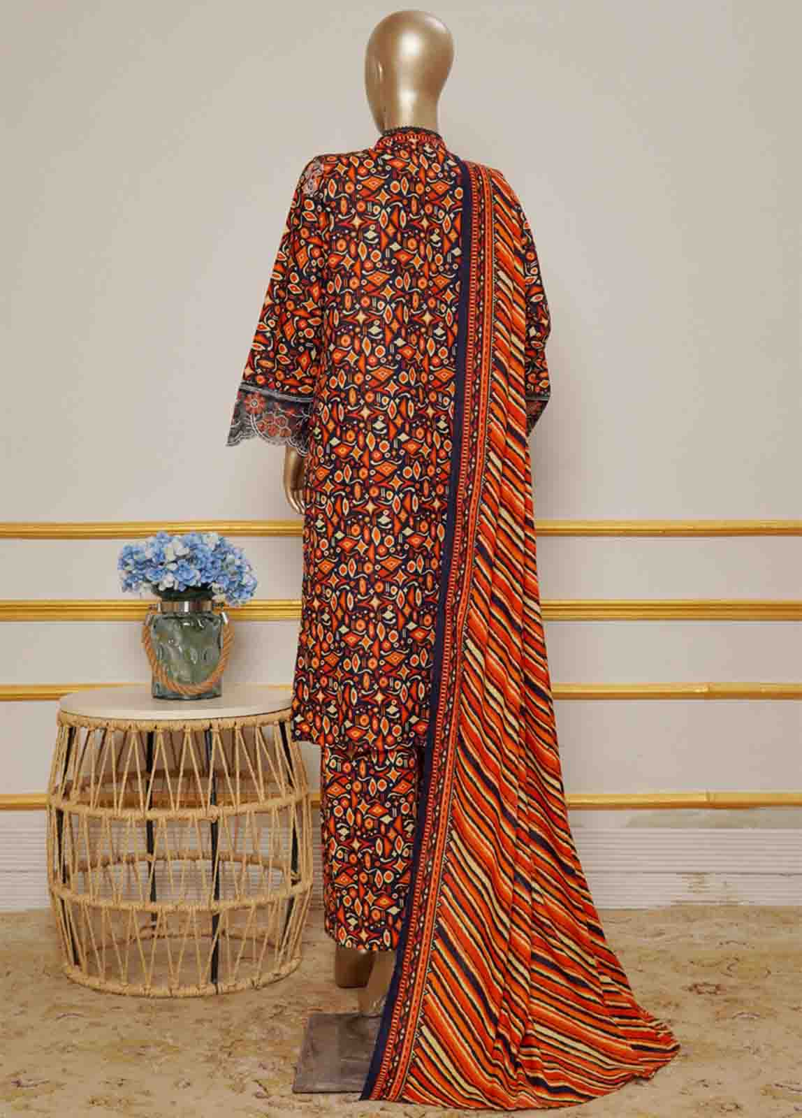 Back view of elegant Pakistani 3pc khaddar embroidered dress for Eid celebrations