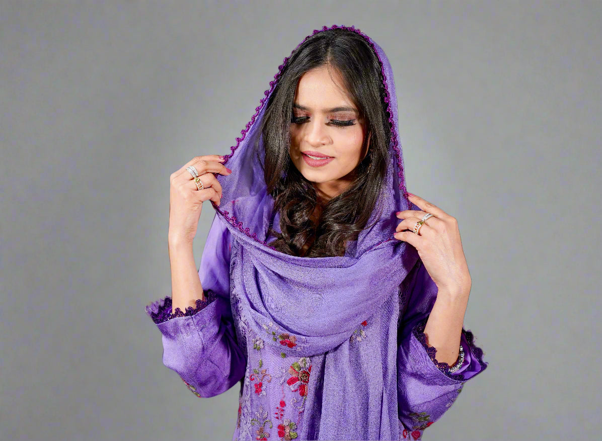 Pakistani embroidered suit set with close-up of purple dupatta