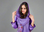 Pakistani embroidered suit set with close-up of purple dupatta