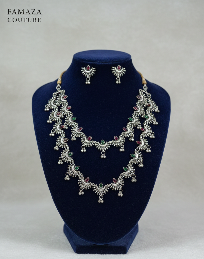 Bridal antique silver green stone jewellery set – luxury Indian and Pakistani jewellery in UK
