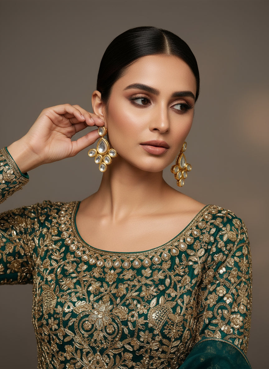 party wear drop golden kundan earrings by famaza couture