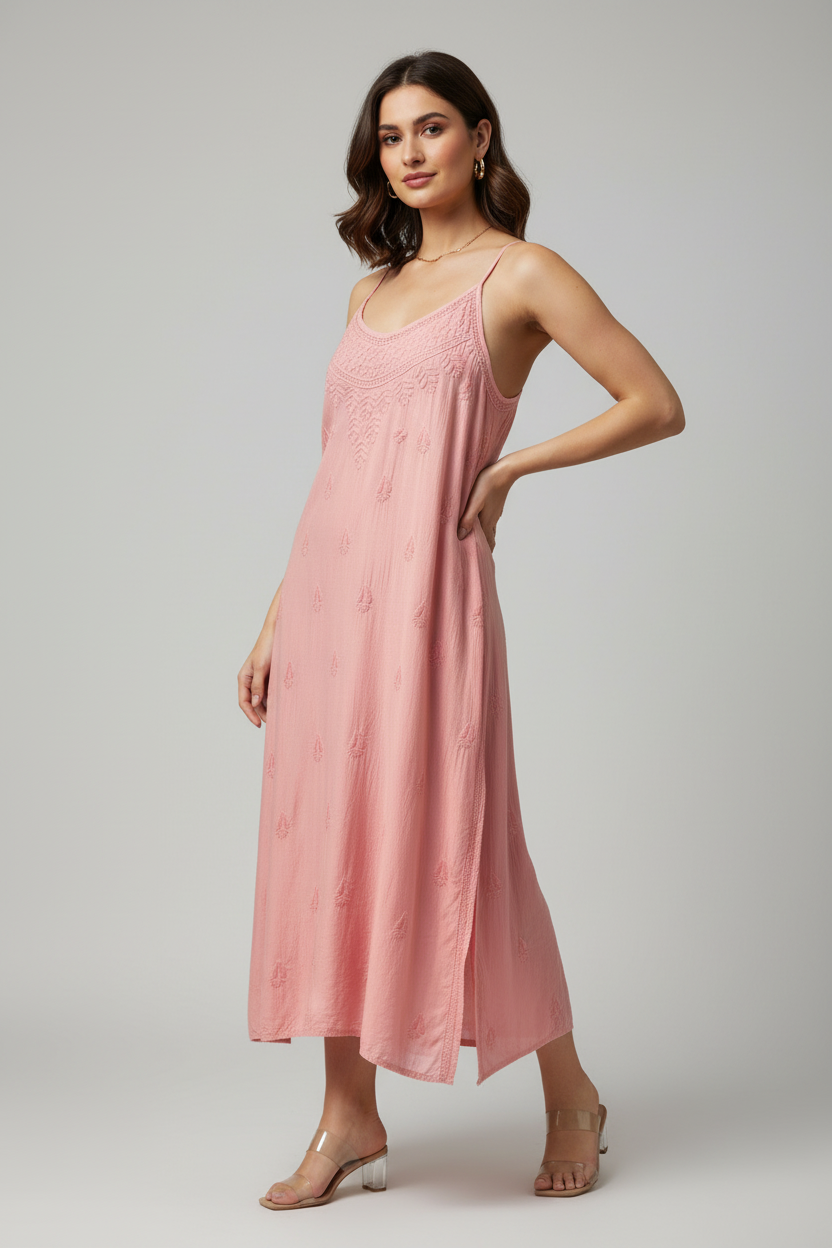 peach pink Chikankari muslin fabric noodle dress with hand embroidery by famaza couture