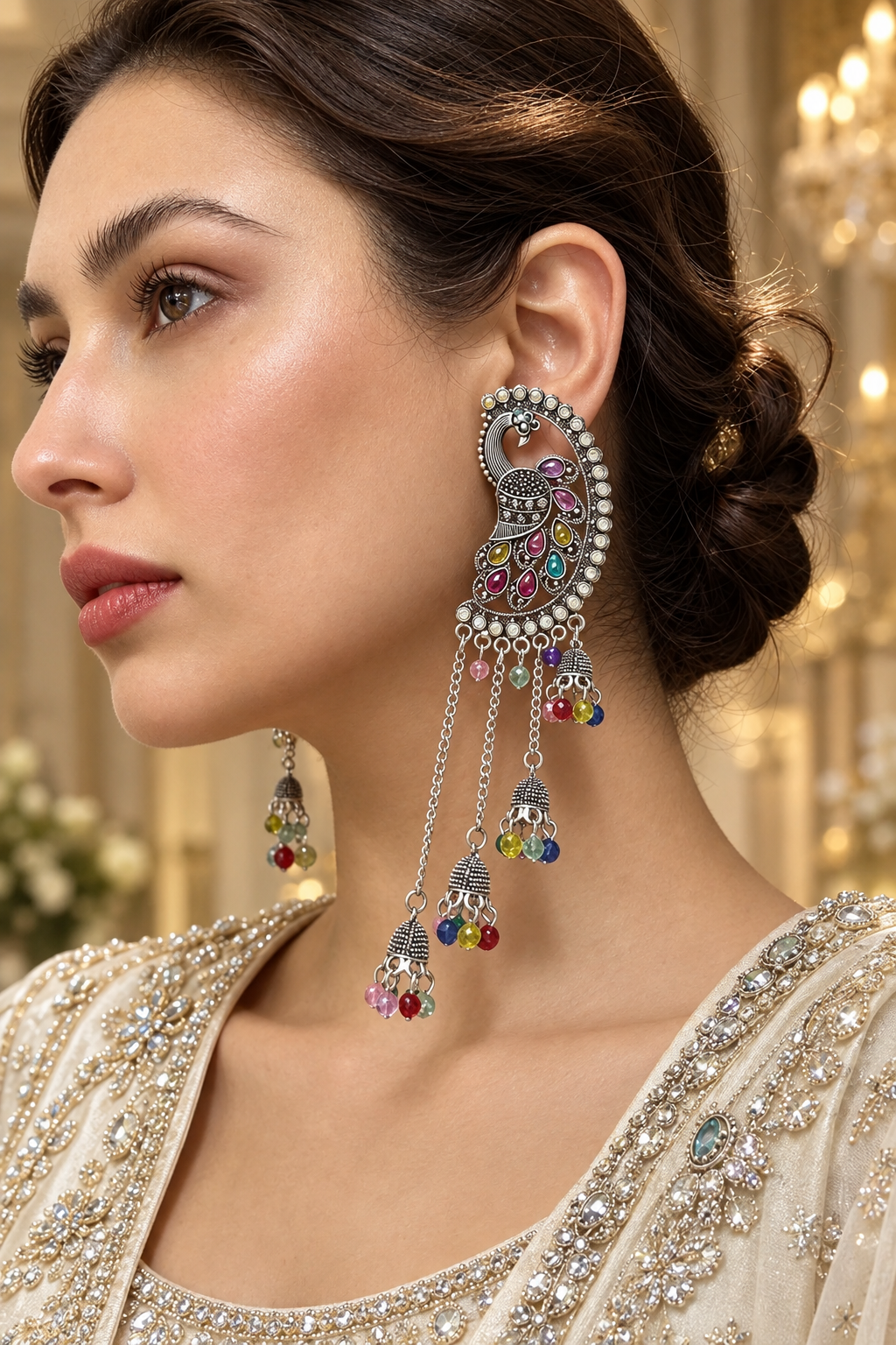 Premium peacock meenakari chandbali earrings 11.5cm drop – multicolor stone studded antique silver jhumka tassels, festive bridal wear.