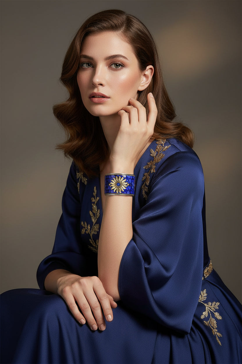The Persian Royal Blue Sunburst Mosaic openable cuff bracelet by Famaza Couture, showcasing a vintage antique style design.