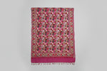 pink Kashmiri embroidered pashmina scarf with a traditional geometric pattern, featuring fringes at the ends.