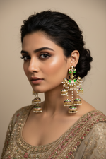 pink and green Meenakari Jhumka Chandbali Earrings with Pearl Drops – Traditional Indian Bridal & Party Wear Earrings.