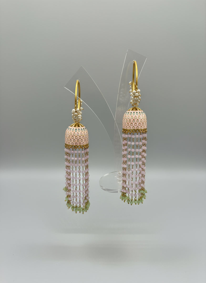 pink and green meenakari paint and glass beads long earrings with round bali jhumka by famaza couture