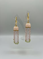 pink and green meenakari paint and glass beads long earrings with round bali jhumka by famaza couture