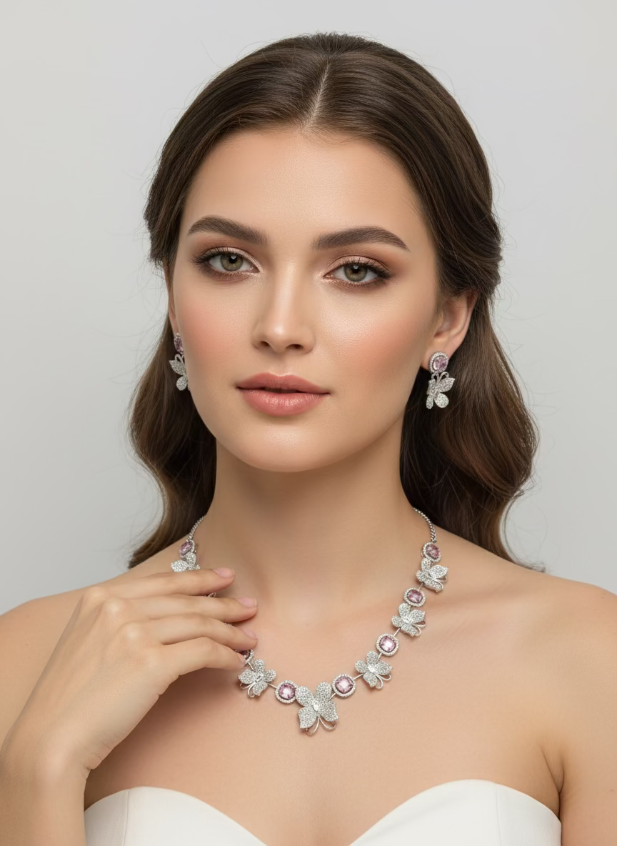 pink central stone with white Nano American diamonds andearrings by famaza couture